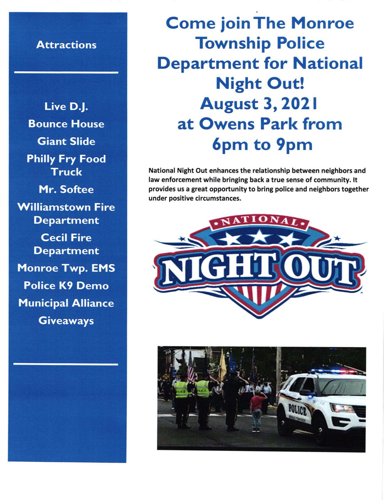 You're Invited!! National Night Out August 3, 2021 Monroe Township